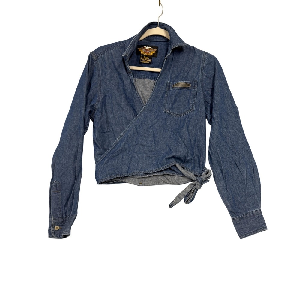 Harley-Davidson Blouse Womens Small Blue Denim Wrap Tie Front Long Sleeve Top